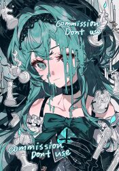  1girl aqua_eyes aqua_hair aqua_theme bishop_(chess) blue_fire bonnet bow candle candlestand chess_piece choker commission copyright_request dress_bow fire frills gloves hairband highres king_(chess) knight_(chess) long_hair looking_to_the_side melting off_shoulder one_eye_covered queen_(chess) rook_(chess) solo upper_body zuizui 