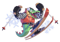  1boy absurdres artist_name black_gloves crocodile_boy crocodilian_tail earmuffs english_commentary evan_stanley fangs furry furry_male gloves highres holding_ski_pole male_focus open_mouth orange_vest ski_pole skis snowflakes sonic_(series) tail vector_the_crocodile vest white_background 