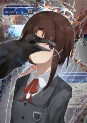  1girl abstract_background asymmetrical_hair bird black_bird black_jacket blazer brown_eyes brown_hair collared_shirt commentary_request crow error_message eye_over_eye glitch hair_ornament highres iwakura_lain jacket looking_at_viewer neck_ribbon parted_lips red_ribbon ribbon romaji_commentary school_uniform serial_experiments_lain shirt short_hair solo toshi_83momo upper_body white_shirt x_hair_ornament 