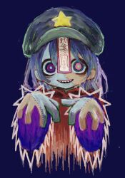  1girl blue_background blue_hair colored_skin hat hat_ornament highres jiangshi looking_at_viewer medium_hair miyako_yoshika multicolored_skin ofuda ofuda_on_head omaega_chan outstretched_arms parted_lips patchwork_skin red_shirt sharp_teeth shirt smile solo star_(symbol) star_hat_ornament teeth touhou two-tone_skin upper_body upper_teeth_only wide_sleeves zombie_pose 