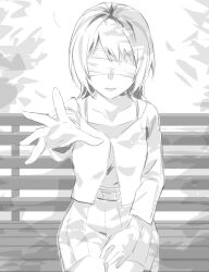  1girl absurdres amakura_mio bandages bandages_over_eyes belt belt_buckle bench buckle camisole collarbone commentary_request covered_eyes cowboy_shot facing_viewer falling_leaves fatal_frame fatal_frame_ii:_crimson_butterfly foreshortening greyscale hand_on_lap hand_up highres isumi leaf long_sleeves lower_teeth_only miniskirt monochrome on_bench outdoors outstretched_arm park_bench parted_lips pleated_skirt reaching reaching_towards_viewer shirt short_hair sitting skirt solo spaghetti_strap spoilers teeth tree_shade 