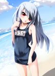  flat_chest grune highres infinite_stratos laura_bodewig long_hair name_tag one-piece_swimsuit red_eyes school_swimsuit silver_hair solo swimsuit 