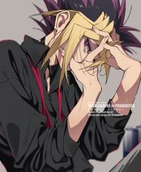  1boy black_hair black_shirt blonde_hair highres multicolored_hair muto_yugi purple_hair shirt solo streaked_hair upper_body violet_eyes watermark yoshio_296 yu-gi-oh! yu-gi-oh!_duel_monsters 