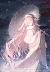  1girl animal_ears beret cherry_blossom_print chinese_commentary closed_eyes closed_mouth commentary_request commission eyelashes feet_out_of_frame floral_print forest fur_scarf happy hat head_tilt highres holding holding_umbrella japanese_clothes kimono long_hair long_sleeves lop_rabbit_ears nature night oil-paper_umbrella original outdoors pink_hair pink_kimono print_kimono procreate_(medium) rabbit_ears sample_watermark scarf sleeves_past_wrists smile snow snowflakes snowing solo standing umbrella umbrella_over_shoulder very_long_hair watermark watermark_grid wavy_hair weibo_watermark white_hat white_scarf white_umbrella wide_sleeves winter wnmuwnmu yukata 