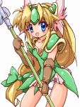  blonde_hair blue_eyes bow elbow_gloves forehead_jewel gloves hair_ribbon hairband long_hair low-tied_long_hair oekaki panties pantyshot pauldron pauldrons payot polearm ribbon riesz seiken_densetsu seiken_densetsu_3 skirt spear underwear weapon white_panties zipang 