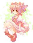  bow bubble_skirt gloves gradient_eyes hair_bow kaname_madoka kneehighs magical_girl mahou_shoujo_madoka_magica multicolored_eyes pink_eyes pink_hair shoes short_twintails sitting twintails white_gloves white_kneehighs white_legwear yellow_eyes 