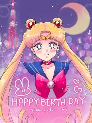  1girl 2026 birthday bishoujo_senshi_sailor_moon blonde_hair blue_eyes blue_sailor_collar bow choker circlet crescent crescent_choker crescent_earrings crescent_moon dated double_bun earrings gloves hair_bun hair_ornament happy_birthday highres jewelry karikaridaka long_hair magical_girl moon red_bow red_choker sailor_collar sailor_moon sailor_senshi_uniform smile solo tokyo_tower transformation_brooch_(sailor_moon) tsukino_usagi twintails 