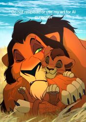  2boys animal_ears blue_sky claws closed_mouth clouds commentary english_commentary grass highres hug kovu_(the_lion_king) lion_boy lion_ears lion_mane looking_at_another male_focus multiple_boys on_ground one_eye_closed pawpads sasamaru_lion scar scar_(the_lion_king) scar_across_eye scar_on_face signature sky sleeping smile the_lion_king the_lion_king_2:_simba's_pride untranslatable_commentary whiskers 