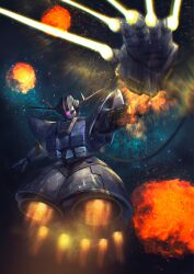  armor beam_cannon blue_armor commentary energy_beam explosion extendable_limbs finger_cannon grey_armor gundam highres horns looking_at_viewer mecha mecha_focus mobile_armor mobile_suit_gundam no_humans one-eyed one-eyed_mecha porukima robot solo space thrusters zeon zeong 
