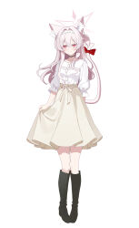  1girl absurdres akira_(blue_archive) animal_ears black_boots black_choker blue_archive boots brown_skirt cat_ears cat_girl cat_tail choker closed_mouth commentary_request hair_between_eyes halo highres holding_own_skirt light_smile long_hair pink_eyes pink_hair pink_halo pink_tail red_ribbon ribbon shirt simple_background skirt tail tail_ornament tail_ribbon thighs waffle_(wzwn8342) white_background white_shirt 