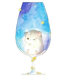  animal animal_focus brown_eyes commentary_request cup drinking_glass hamster highres in_container in_cup inomo_(qimoshu) no_humans one_eye_closed original simple_background sitting sky solo star_(sky) star_(symbol) starry_sky white_background 