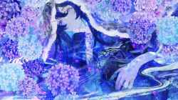  1girl black_hair blue_hair blue_theme blue_veil closed_mouth colorful commentary flower hair_between_eyes ham_melon_(iloha_24) highres hydrangea japanese_clothes kimono long_hair long_sleeves looking_at_viewer original pink_flower purple_flower purple_theme smile solo summer upper_body veil violet_eyes 