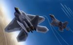  ace_combat ace_combat_x airplane commentary contrail dutch_angle f-22 flying highres jet sky yae_nagi 