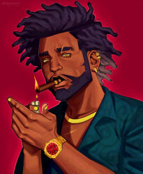  1boy arm_hair beard black_hair cigar dark-skinned_male dark_skin denjidenjiji earrings facial_hair hand_up highres holding holding_lighter jewelry lighter male_focus necklace of_the_devil red_background reinart_diamani scar scar_on_chest scar_on_face smoking watch watch yellow_eyes yellow_nails 