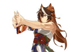  1girl :| animal_ears autumn_leaves breasts bright_pupils brown_hair chest_sarashi closed_mouth commentary_request hadanugi_dousa hair_between_eyes highres horse_ears horse_girl interlocked_fingers japanese_clothes kimono leaf leaf_print long_hair looking_ahead maple_leaf meatworld9 multicolored_hair official_alternate_costume outstretched_arms pink_eyes ponytail sarashi simple_background single_hair_streak solo streaked_hair stretching sweat symboli_rudolf_(archer_by_moonlight)_(umamusume) symboli_rudolf_(umamusume) toned toned_female umamusume upper_body v-shaped_eyebrows white_background white_pupils white_streaks 