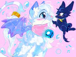  2000s_(style) :o animal_focus animal_with_hair anubis_(neopets) bat_wings bell blue_eyes blush_stickers bubble cloud_neopet commentary creature creature_focus dithering english_commentary eye_contact faux_retro_artstyle flying from_side hair_over_one_eye jaggy_lines jewelry jingle_bell looking_at_another lupe_(neopets) maimedwolf musical_note neck_bell necklace neopets no_humans oekaki original petpet pink_background pink_scarf purple_wings scarf short_hair simple_background tail tail_ornament tail_ring tears white_hair wings yellow_eyes 