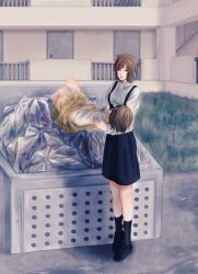  2girls aged_down apartment ascot black_shoes black_skirt black_socks blue_eyes brown_dress brown_hair building carrying carrying_person closed_mouth commentary_request day door dress dual_persona fatal_frame fatal_frame:_mask_of_the_lunar_eclipse full_body grass hands_up high-waist_skirt highres loafers long_sleeves looking_at_another looking_down maroame minazuki_ruka multiple_girls official_alternate_costume outdoors pinafore_dress school_uniform shadow shirt shoes short_hair short_sleeves skirt sleeveless sleeveless_dress socks standing suspender_skirt suspenders trash_bag trash_can white_ascot white_shirt 