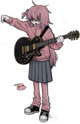  1girl bocchi_the_rock! cube_hair_ornament gotoh_hitori guitar hair_between_eyes hair_ornament highres holding holding_guitar holding_instrument instrument jacket long_hair long_sleeves one_side_up open_mouth outstretched_arm pale_skin pants pants_under_skirt pink_hair pink_jacket pink_pants pleated_skirt shoes simple_background skirt sneakers solo track_jacket uranohead very_long_hair white_background 