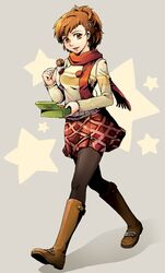  brown_eyes brown_hair el_(mushboom) female_protagonist_(persona_3) food pantyhose persona persona_3 persona_3_portable scarf skirt takoyaki 