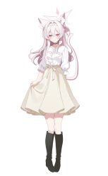  1girl absurdres akira_(blue_archive) animal_ears black_boots black_choker blue_archive boots brown_skirt cat_ears cat_girl cat_tail choker closed_mouth commentary_request hair_between_eyes halo highres holding_own_skirt light_smile long_hair pink_eyes pink_hair pink_halo pink_tail shirt simple_background skirt tail thighs waffle_(wzwn8342) white_background white_shirt 