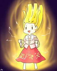 1girl 216 :d artist_name aura barefoot belt black_eyes blonde_hair blush bow clenched_hands commentary_request crackling_energy dragon_ball dragon_ball_z floating_hair full_body houraisan_kaguya legs_apart long_hair long_skirt long_sleeves open_mouth pink_shirt print_skirt red_skirt shirt signature simple_background skirt smile solo standing super_saiyan super_saiyan_2 touhou v-shaped_eyebrows white_belt white_bow wide_sleeves 