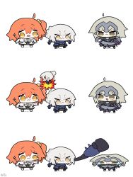  3girls :3 absurdres ahoge armor armored_dress artoria_pendragon_(fate) braid braided_base bun_with_braided_base chibi chibi_only commentary dress fate/grand_order fate_(series) flattened fujimaru_ritsuka_(female) full_body fur_trim gauntlets hair_bun hair_ornament hair_scrunchie headpiece highres jeanne_d'arc_alter_(fate) korean_commentary long_hair long_sleeves looking_at_another multiple_girls one_side_up open_mouth orange_hair saber_alter scrunchie shirt side_ponytail sima_(startwitch) smile translation_request white_background white_hair yellow_eyes yellow_scrunchie 