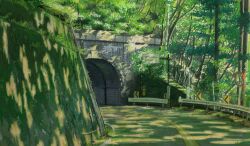  absurdres bridge commentary_request concrete dappled_sunlight day green_theme highres loca! mirror no_humans official_art outdoors railing road road_sign scene_reference scenery sign sunlight traffic_mirror tunnel uttama 