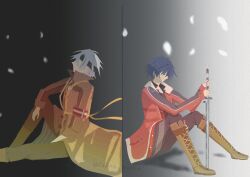  2boys arm_rest armband artist_name artist_request black_background black_hair black_headband boots brown_boots brown_coat coat crow_armbrust eiyuu_densetsu faceless faceless_male falling_petals from_side full_body fur_collar gradient_background hair_between_eyes headband highres holding holding_sword holding_weapon jacket knee_boots long_coat male_focus mullet multiple_boys petals planted planted_sword rean_schwarzer red_jacket sen_no_kiseki_(series) sen_no_kiseki_ii short_hair sitting sword tachi_(weapon) twitter_username watermark weapon white_hair white_petals 