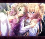  2girls blonde_hair blue_eyes blush brown_hair error green_eyes hair_ribbon hand_holding highres holding_hands houjou_hibiki ikatomo inoshishi_(ikatomo) minamino_kanade multiple_girls open_mouth precure ribbon suite_precure tears thighhighs twintails two_side_up white_legwear white_thighhighs yuri 