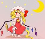  ascot bad_id blonde_hair blush bow chibi crescent dress flandre_scarlet gem hat highres long_hair moon night open_mouth pointing ponytail red_eyes ribbon side_ponytail sky sleepy solo star tears the_embodiment_of_scarlet_devil touhou very_long_hair wings wink 
