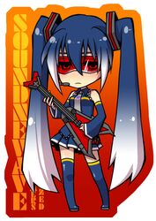  arin66 blue_hair blue_legwear chibi detached_sleeves electric_guitar glasses gradient_hair guitar hatsune_miku headset instrument laserbeak long_hair multicolored_hair necktie personification pigtails pleated_skirt short_twintails skirt solo soundwave soundwave_(cosplay) thigh_highs thighhighs transformers twintails two-tone_hair vocaloid white_hair zettai_ryouiki 