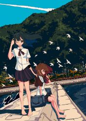  2girls absurdres artdroiiid_ii bag bare_legs barefoot bird black_hair black_skirt blue_sky brown_eyes brown_hair collared_shirt commentary day english_commentary floating_hair folded_ponytail full_body highres holding ligne_claire long_hair mountain multiple_girls one_eye_closed original outdoors pleated_skirt river rural school_bag school_uniform seagull shirt short_sleeves sitting skirt sky smile standing toes tree white_shirt wind 