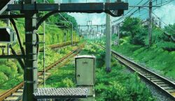  absurdres blurry commentary_request day depth_of_field highres loca! no_humans official_art outdoors power_lines railroad_tracks scenery sky utility_pole uttama vanishing_point 