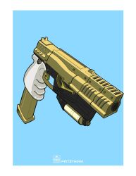  10mm_pistol blue_background border fallout fallout_4 fritzyhoho golden_gun gun handgun highres no_humans weapon weapon_focus white_border 