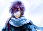  2011_sendai_earthquake_and_tsunami bad_id blue blue_eyes character_request endroll-nex face hakuouki_shinsengumi_kitan male ponytail purple_hair saitou_hajime_(hakuouki) scarf smile solo 