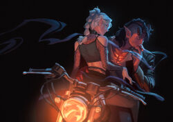  alternate_universe asymmetrical_hair baldur's_gate baldur's_gate_3 black_hair broken_horn cigar colored_skin contemporary crop_top cymk_8 demon_girl demon_horns dungeons_&amp;_dragons elf highres horns karlach motor_vehicle motorcycle multi-tied_hair official_alternate_hair_color on_motorcycle pointy_ears red_skin shadowheart_(baldur's_gate) sidecut smoking tiefling undercut white_hair yuri 