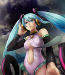  adjusting_hair bad_id bare_shoulders breasts center_opening cleavage cloud clouds cutout detached_sleeves frills from_below green_eyes green_hair hand_on_headphones hatsune_miku hatsune_miku_(append) headphones kanotuki leotard long_hair miku_append navel necktie solo star_(sky) twintails vocaloid vocaloid_append 