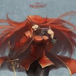  carmen_(pixiv_fantasia) gloves grin jacket long_hair mouth_hold nishi_yukari pixiv_fantasia pixiv_fantasia_5 rapier red_eyes red_hair redhead sharp_teeth smile sword uniform weapon 