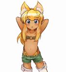  animal_ears arms_behind_head arms_up bandeau beltbra blonde_hair blue_eyes boots child collarbone dark_skin face flat_chest liru liru_renkin looking_at_viewer midriff navel nyama o-ring_top open_mouth overals renkin_san-kyuu_magical_pokaan simple_background suspenders thigh-highs thigh_boots thighhighs wolf
blush young 