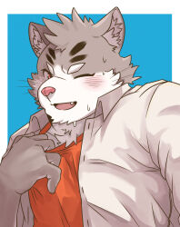  1boy absurdres animal_ears blush cat_boy cat_ears commentary fang furry furry_male highres male_focus one_eye_closed open_mouth orange_shirt shirotoki_(qdng0atngbaqmce) shirt sitri_(housamo) smile sweat tokyo_afterschool_summoners upper_body whiskers white_shirt 