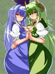  blue_hair breast_press breasts cleavage dual_persona ex-keine green_hair hand_holding hat holding_hands horns kamishirasawa_keine large_breasts long_hair meicha_(drill-biyori) meicha_(duelforce) multiple_girls red_eyes smile symmetrical_docking touhou very_long_hair 