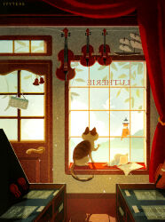  backwards_text bird bow_(music) cat commentary conch english_commentary english_text flying from_behind highres indoors instrument ivytea lighthouse looking_outside model_ship music_shop original pigeon seaside sheet_music tabby_cat translated violin when_you_see_it 