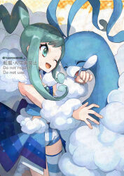  1girl :d altaria beak bird closed_eyes feathers fluffy green_eyes green_hair idol lisia_(pokemon) one_eye_closed open_mouth pokemon pokemon_(creature) pokemon_omega_ruby_and_alpha_sapphire smile white_feathers yamanashi_taiki 