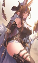  1girl absurdres animal_ears asymmetrical_legwear bare_shoulders black_dress black_thighhighs black_veil blue_hair blue_streaks breasts brown_hair closed_eyes closed_mouth commentary_request dress extra_ears feet_out_of_frame galleon_(granblue_fantasy) gloves granblue_fantasy highres holding large_breasts long_hair multicolored_hair negidesu1105 signature single_leg_pantyhose single_thighhigh solo streaked_hair thigh-highs thighs two-tone_hair two-tone_veil uneven_legwear veil white_gloves white_veil 
