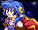  :d :p ahoge blue_background blue_hair cape crescent hair_ornament hairpin happy lowres moon oekaki open_mouth pointy_ears rena_lanford short_hair smile solo space star_ocean star_ocean_the_second_story tongue zipang 