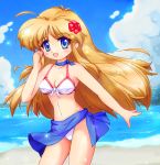  arc_the_lad arc_the_lad_ii beach bikini blonde_hair blue_eyes blush breasts brown_hair cleavage cloud clouds female flower front-tie_top hair_flower hair_ornament lieza long_hair ocean open_mouth pareo payot sarong sea sky smile solo swimsuit wind_lift zipang 