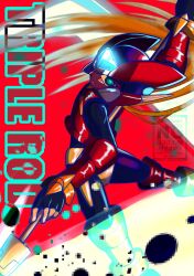  1boy armor black_eyes blonde_hair forehead_jewel helmet highres holding holding_polearm holding_weapon long_hair male_focus mega_man_(series) mega_man_zero_(series) mega_man_zero_1 ne_light0 polearm red_armor red_background red_helmet solo spear weapon zero(z)_(mega_man) zero_(mega_man) 