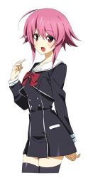  1girl alion_9715 blush bow breasts chaos;child cheat_bow cropped_jacket dress hekiho_academy_school_uniform highres non-web_source onoe_serika open_mouth pink_eyes pink_hair red_bow school_uniform science_adventure short_dress small_breasts smile solo white_trim 