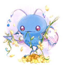  antennae chibi chibi_only commentary_request cryptid demon_(megami_tensei) flower full_body highres insect_wings moth_wings mothman_(megami_tensei) mouth_hold musical_note no_humans petalemom red_eyes shin_megami_tensei solo white_background wings 