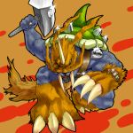  claws digimon digimon_adventure gel_shu hammer injury kneeling muscle sharp_teeth shell solo sparkle tail tusks wind wink zudomon 